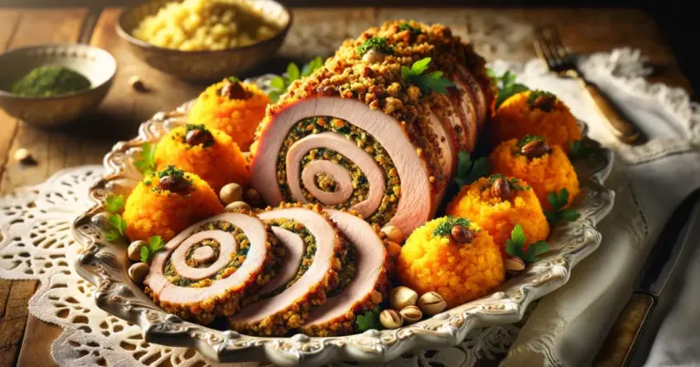 Foto da receita de Lombo suíno com bacon e taioba com farofa de macadâmia