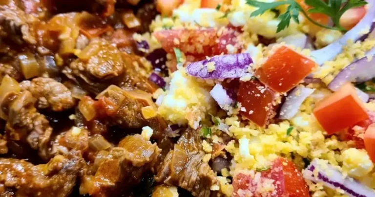 Foto da receita de Farofa de cuscuz e picadinho de coxão mole
