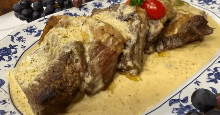 Foto da receita de Contrafilé ao molho de queijos com arroz natalino à portuguesa
