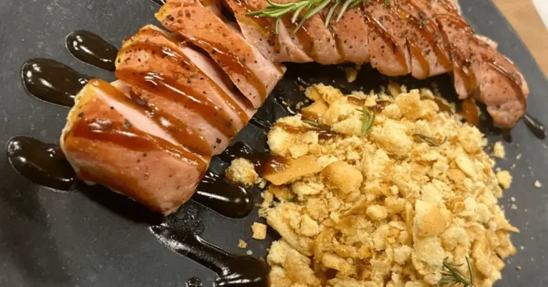 Foto da receita de Contrafilé suíno ao molho de cerveja e farofa de pão