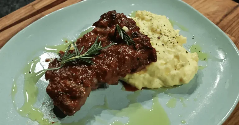 Foto da receita de Costelinha de porco com molho barbecue e purê de mandioquinha