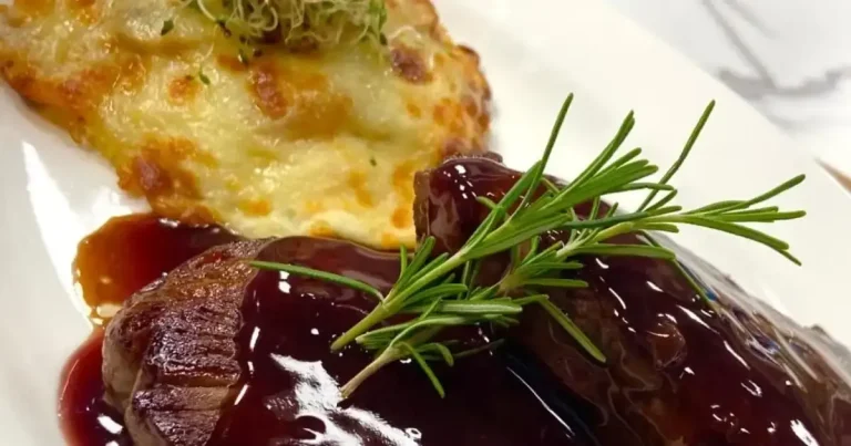 Foto da receita de Miolo de alcatra ao molho de vinho tinto e batata rosti com cogumelos salteados