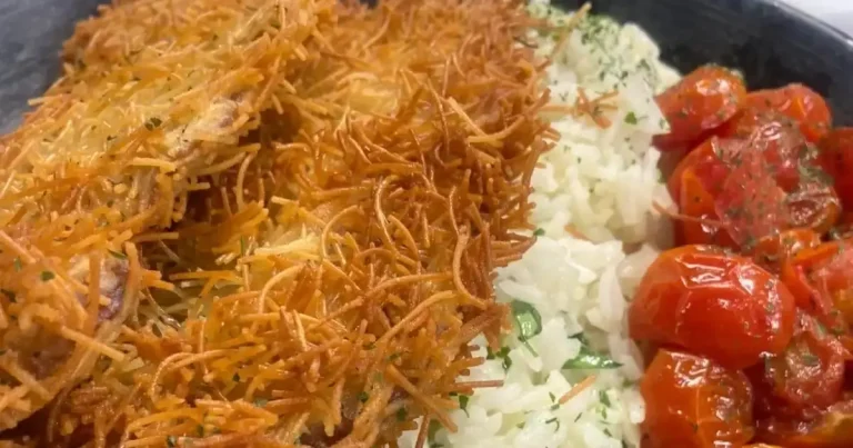Foto da receita de Arroz cremoso e contrafilé empanado no cabelinho de anjo