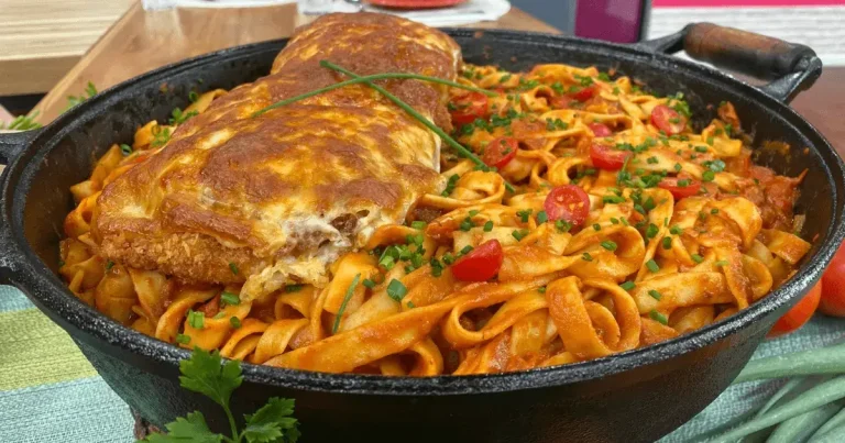 Foto da receita de Bife à milanesa gratinado com molho caseiro na macarronada