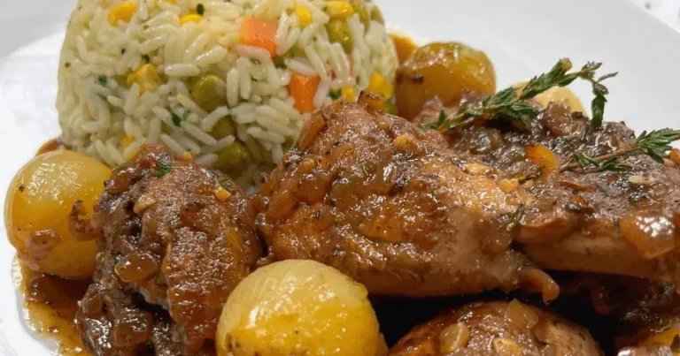 Foto da receita de Coxa e sobrecoxa ensopadas com arroz colorido