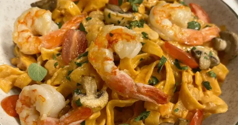 Foto da receita de Fettuccine ao molho de estrogonofe de camarão