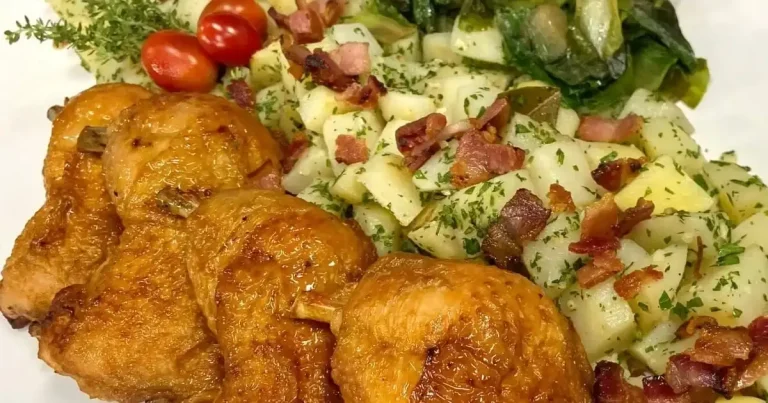 Foto da receita de Frango na cerveja com dadinho de batata e escarola na manteiga