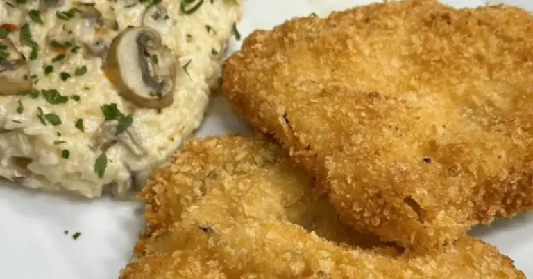 Foto da receita de Lombo suíno empanado com abacaxi agridoce e arroz cremoso com cogumelos