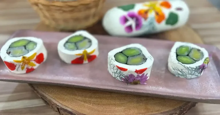 Foto da receita de Mosaico de alho-poró, cream cheese e flores comestíveis