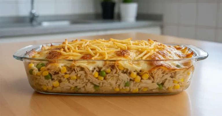 Arroz de forno cremoso com frango desfiado, milho e queijo gratinado