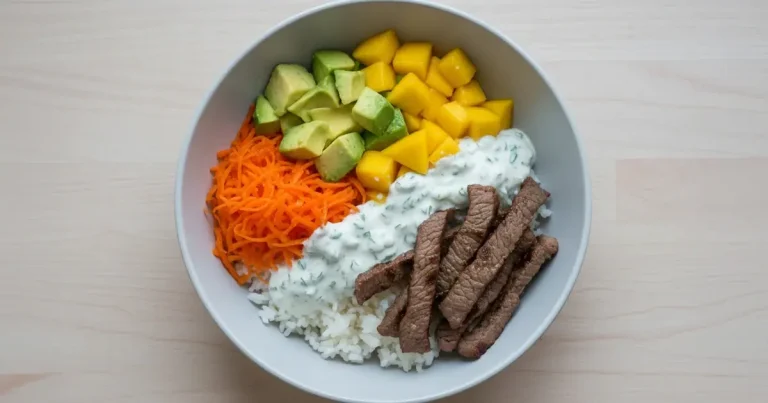 Bowl de arroz nutritivo com tiras de carne e molho de iogurte